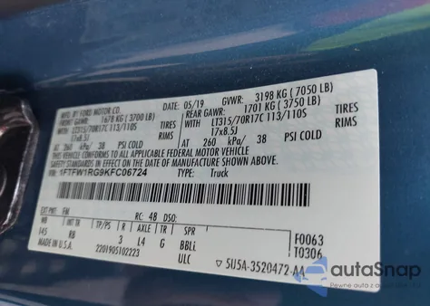 2019 Ford F-150 Raptor из США, поврежденный, VIN 1FTFW1RG9KFC06724